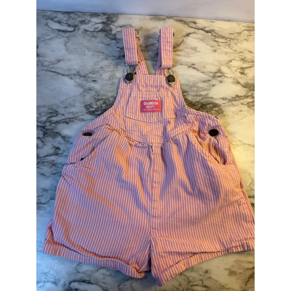OshKosh B'gosh Kids Pink White candy Stripe Vestbak Overall Shorts Vintage